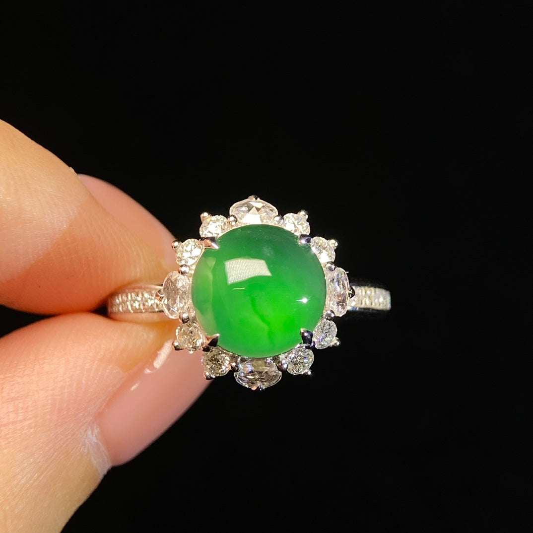 18K South African Diamond Cabochon Ring Jade