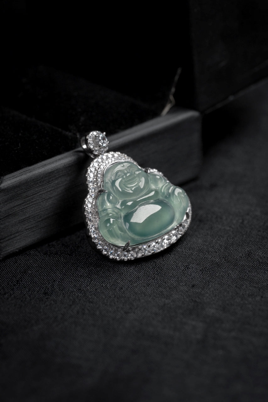 Diamond-Set Ice Jade Buddha Pendant Necklace