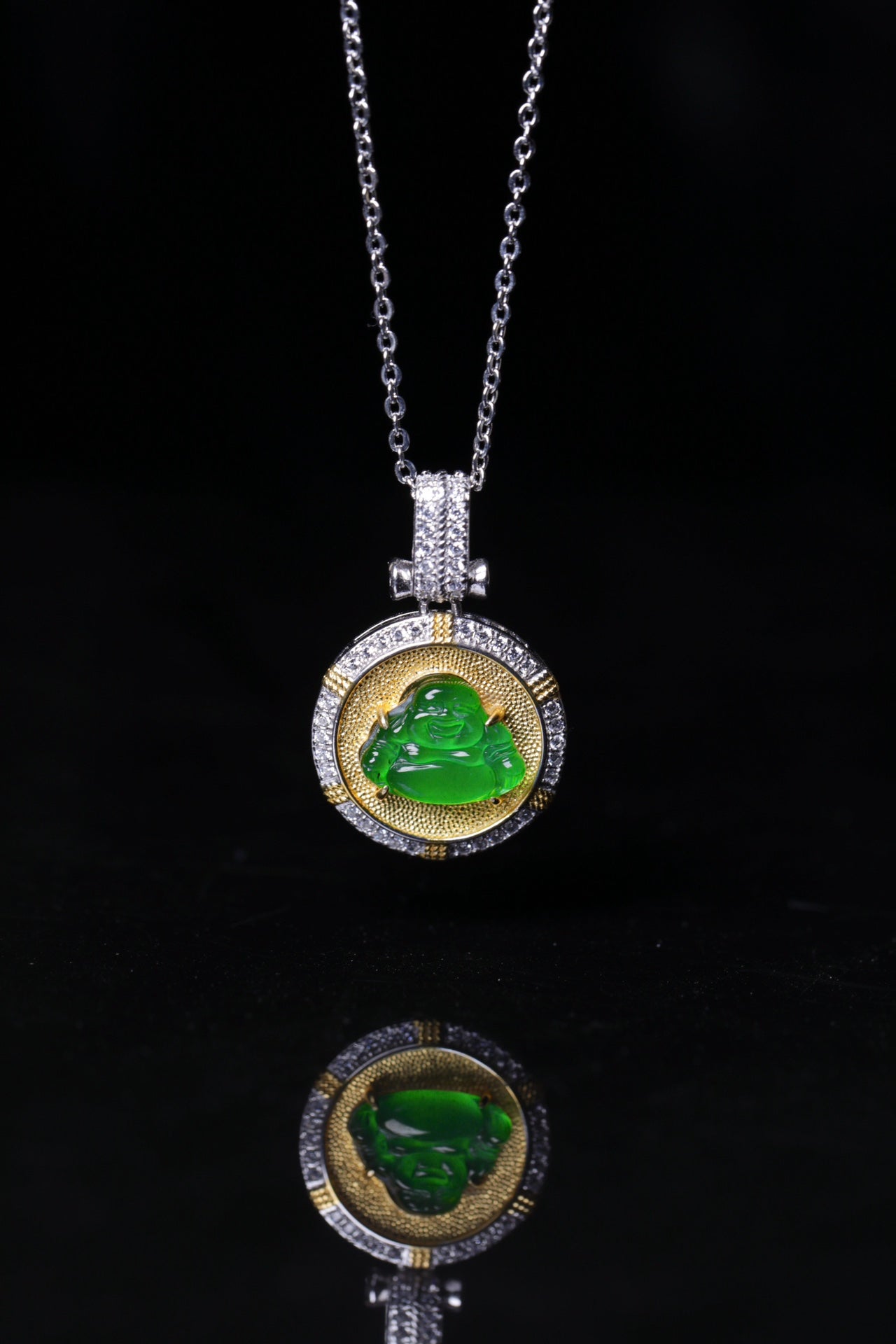 Diamond-Set Round Buddha Pendant Necklace