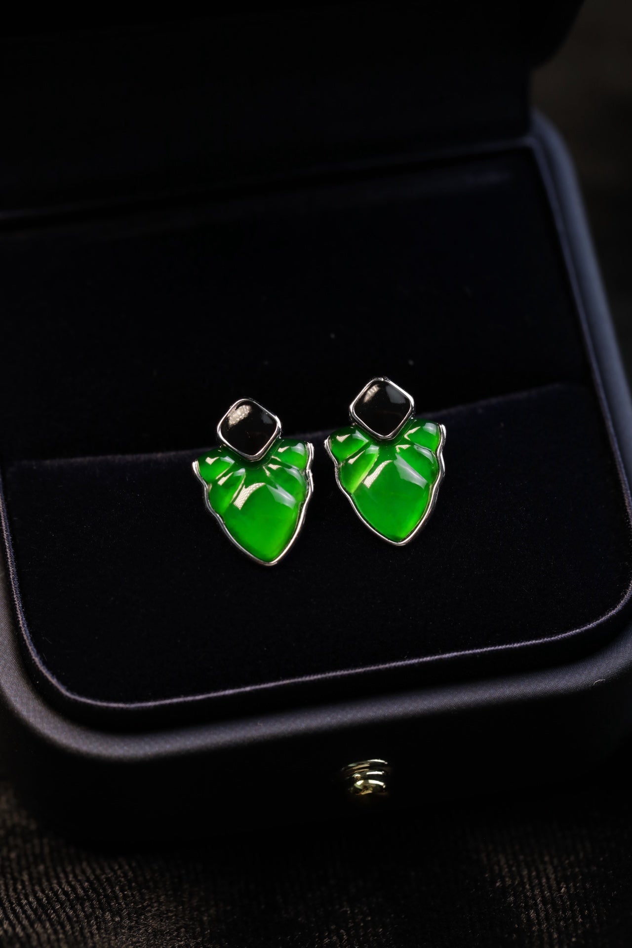 Obsidian Lotus Leaf Jade Stud Earrings