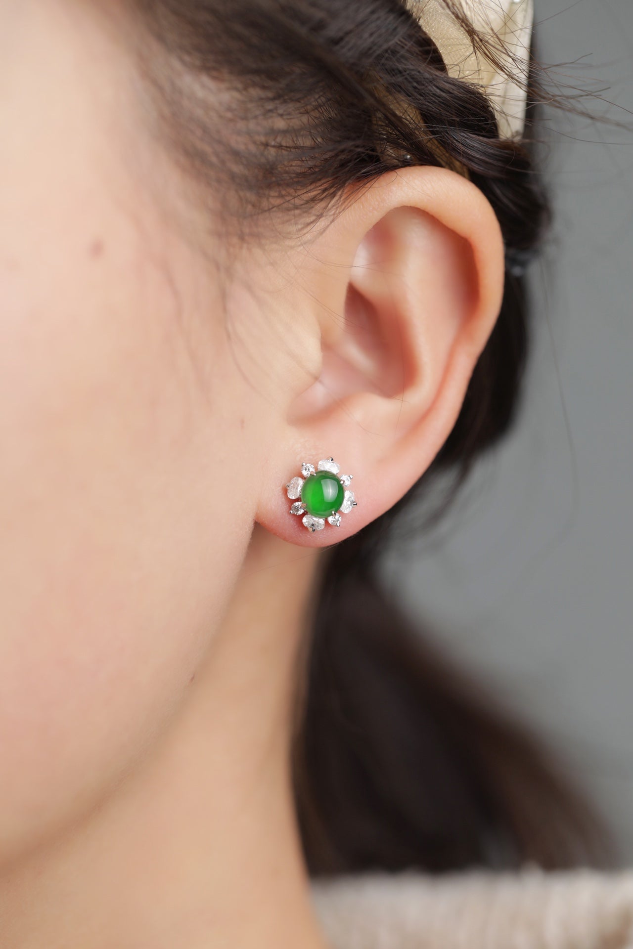 18K Diamond-Set Jade Halo Stud Earrings