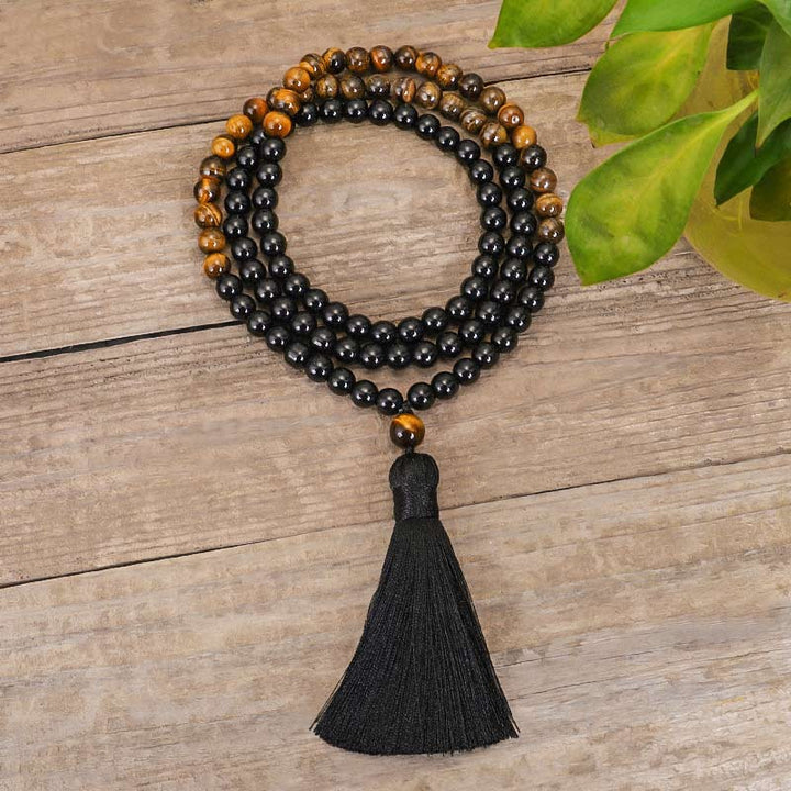 Tibetan Black Onyx Tiger Eye Protection Necklace Mala Set