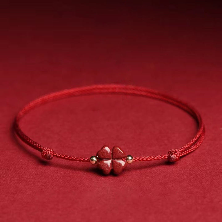 Natural Cinnabar Four Leaf Clover Blessing Red String Bracelet Anklet