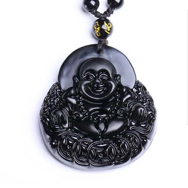 Laughing Buddha Black Obsidian Strength Protection Pendant Necklace