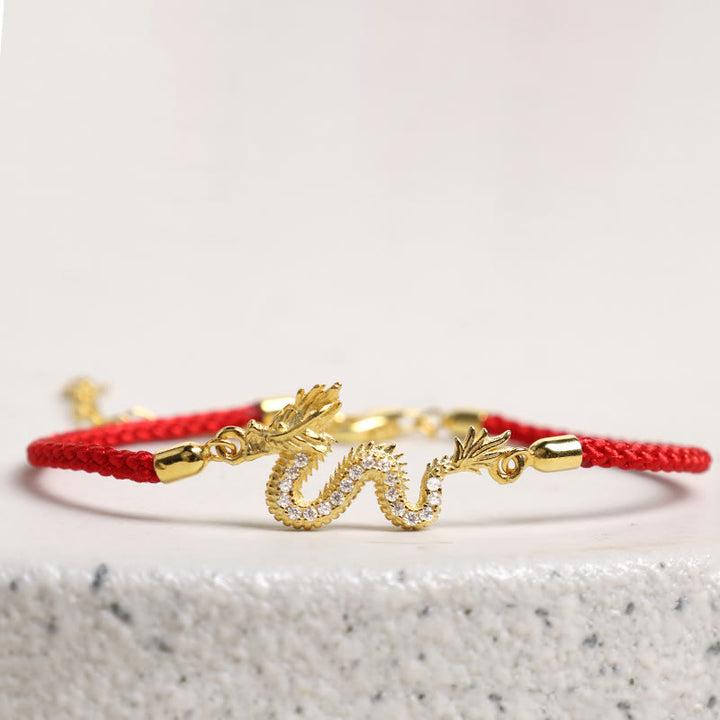 925 Sterling Silver Year Of The Dragon Auspicious Golden Dragon Luck Red Rope Chain Bracelet