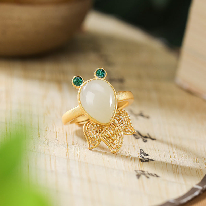 S925 sterling silver natural Hetian jade goldfish ring