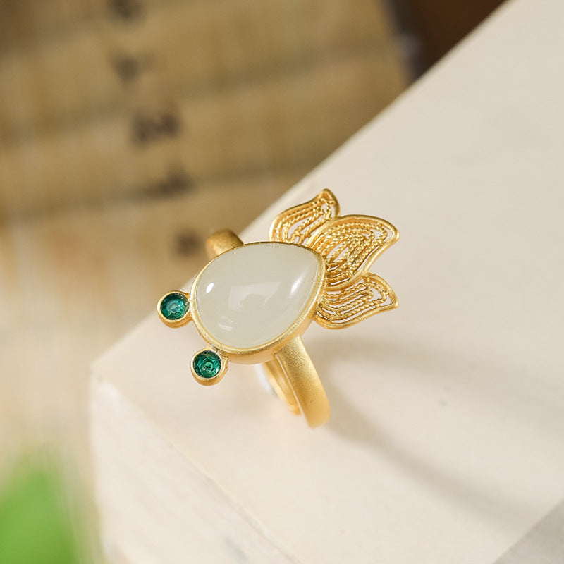 S925 sterling silver natural Hetian jade goldfish ring