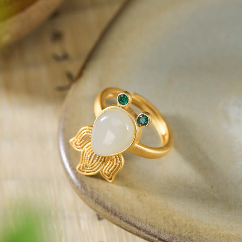 S925 sterling silver natural Hetian jade goldfish ring