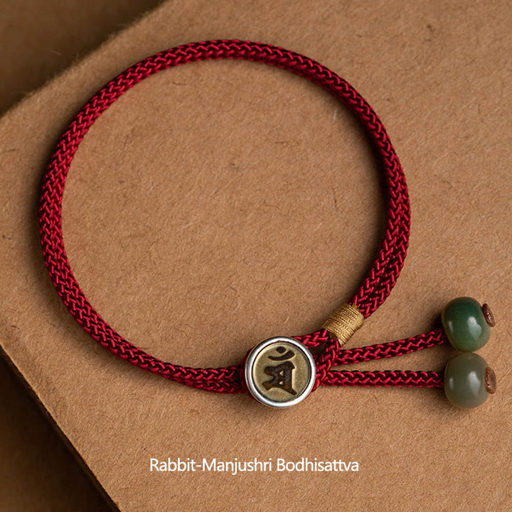 925 Sterling Silver Handmade Chinese Zodiac Natal Buddha Cyan Bodhi Seed Protection Braided Red String Bracelet