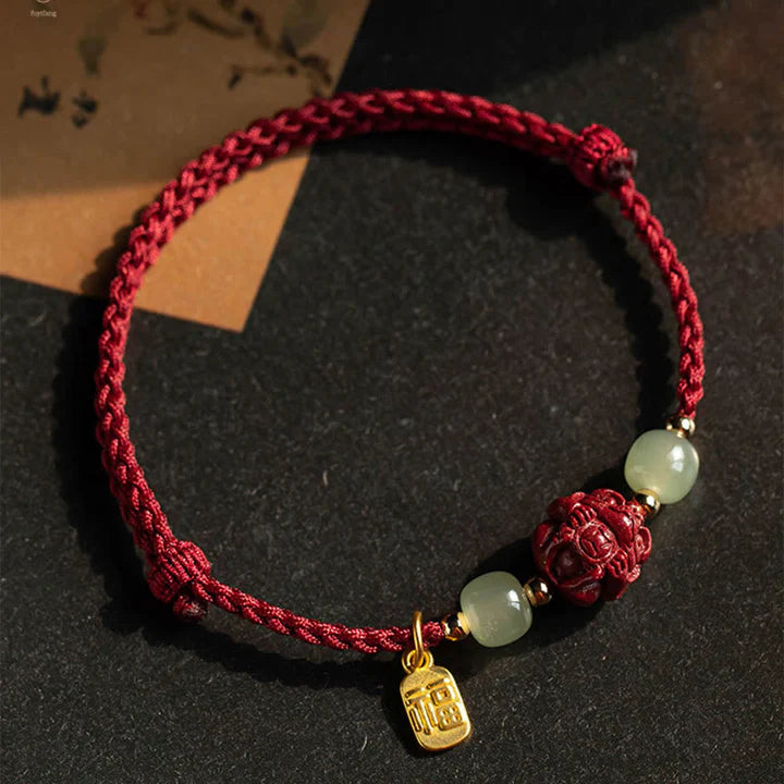 Natural Cinnabar Chinese Zodiac Hetian Jade Fu Character Luck Rope Bracelet