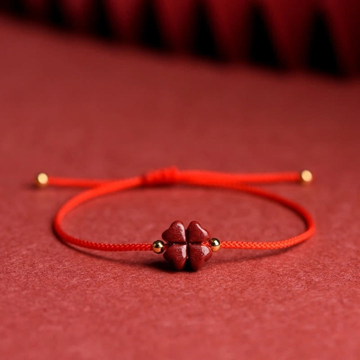 Natural Cinnabar Four Leaf Clover Blessing Red String Bracelet Anklet