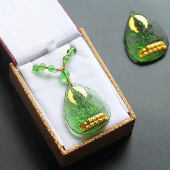 Tibetan Green Tara Buddha Gold Plated Liuli Crystal Protection Necklace Pendant