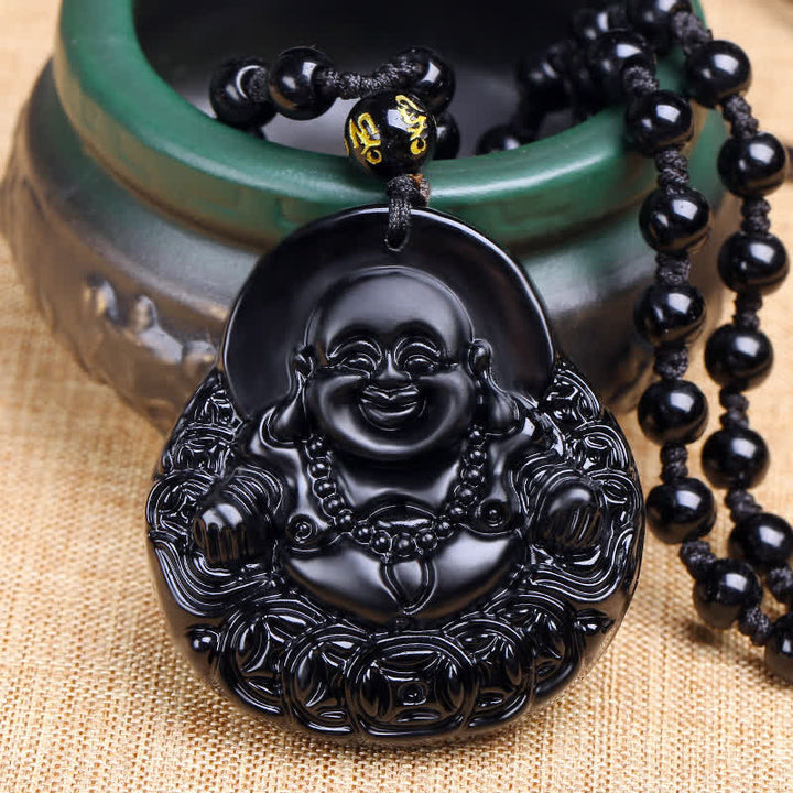 Laughing Buddha Black Obsidian Strength Protection Pendant Necklace