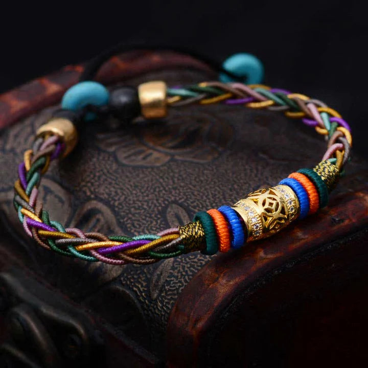 Tibetan Handmade Eight Thread Knot Copper Coin Luck Weave String Bracelet