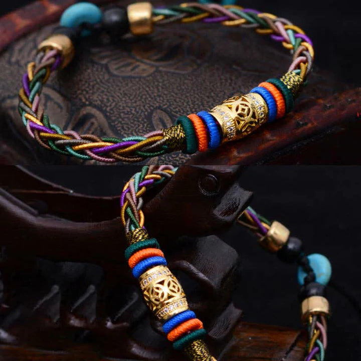 Tibetan Handmade Eight Thread Knot Copper Coin Luck Weave String Bracelet