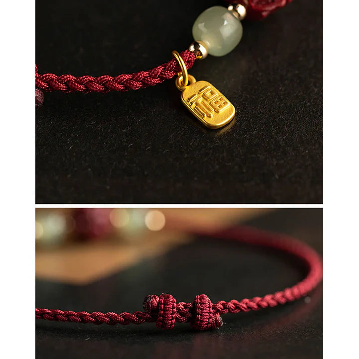 Natural Cinnabar Chinese Zodiac Hetian Jade Fu Character Luck Rope Bracelet