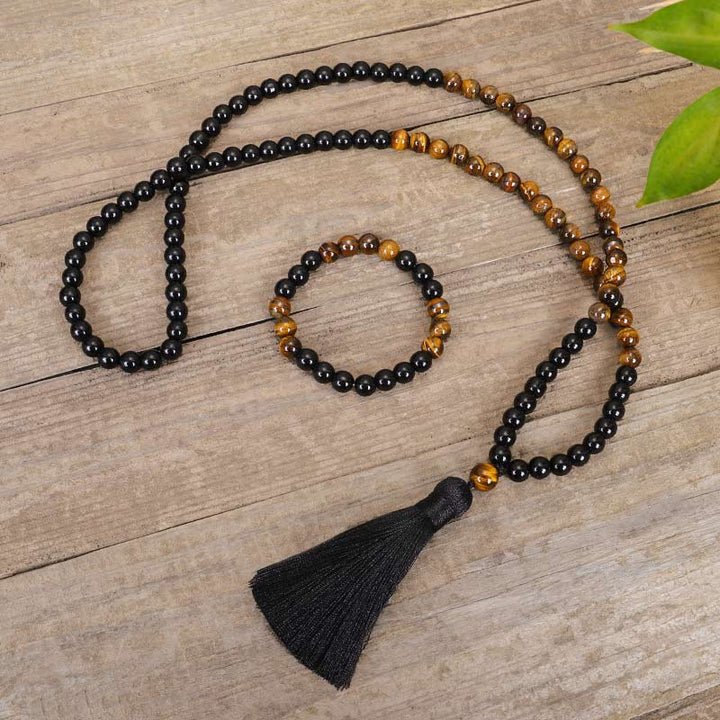 Tibetan Black Onyx Tiger Eye Protection Necklace Mala Set