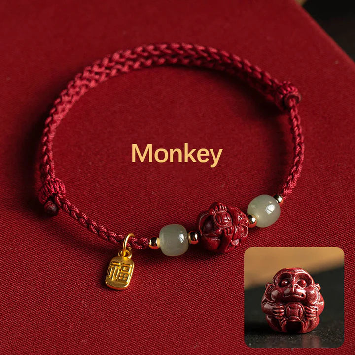 Natural Cinnabar Chinese Zodiac Hetian Jade Fu Character Luck Rope Bracelet