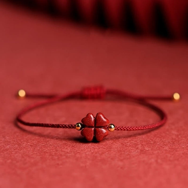 Natural Cinnabar Four Leaf Clover Blessing Red String Bracelet Anklet