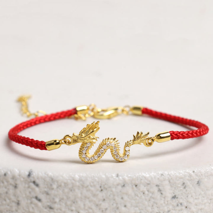 925 Sterling Silver Year Of The Dragon Auspicious Golden Dragon Luck Red Rope Chain Bracelet