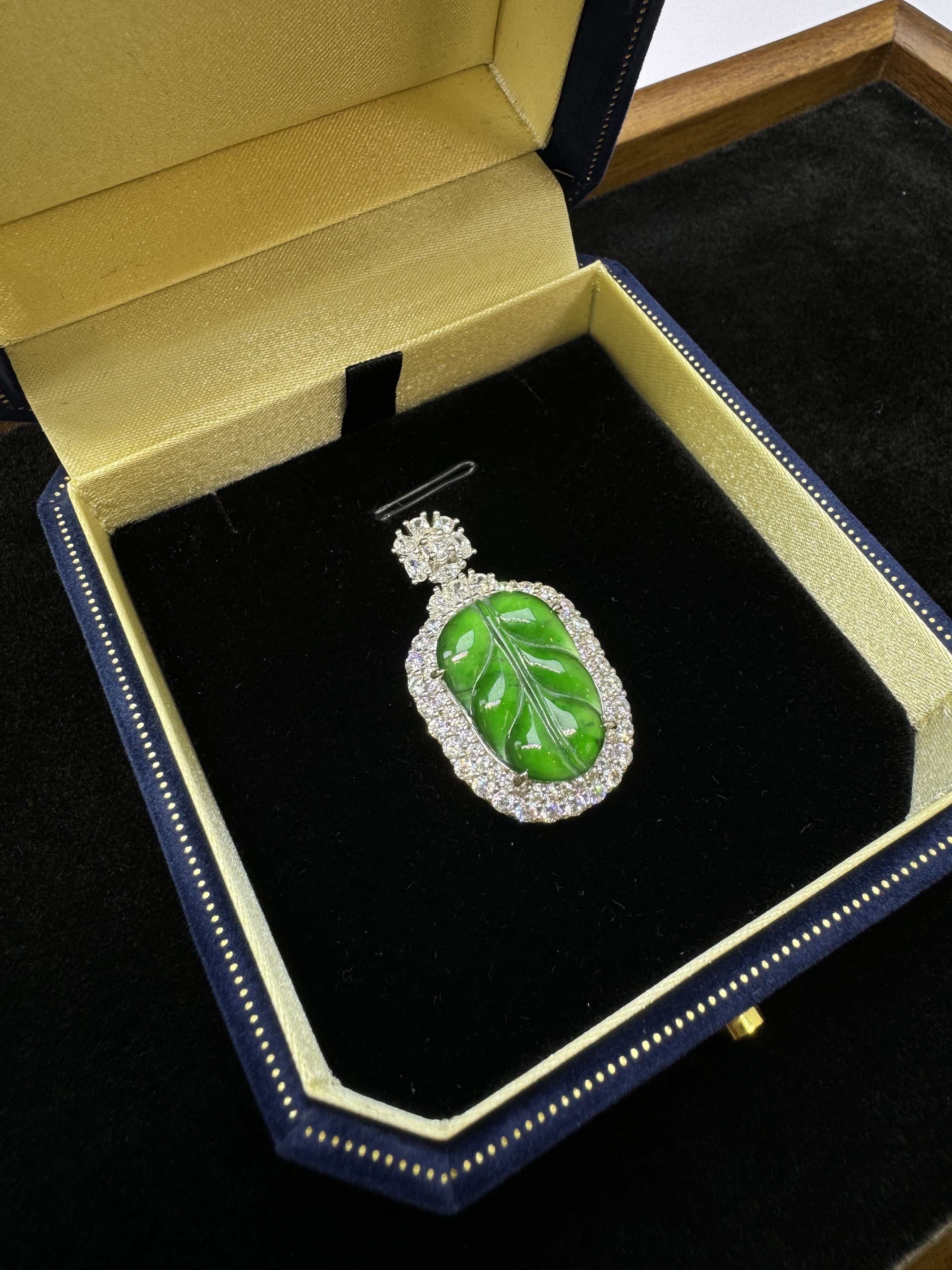 Diamond-Encrusted Green Leaf Pendant Necklac