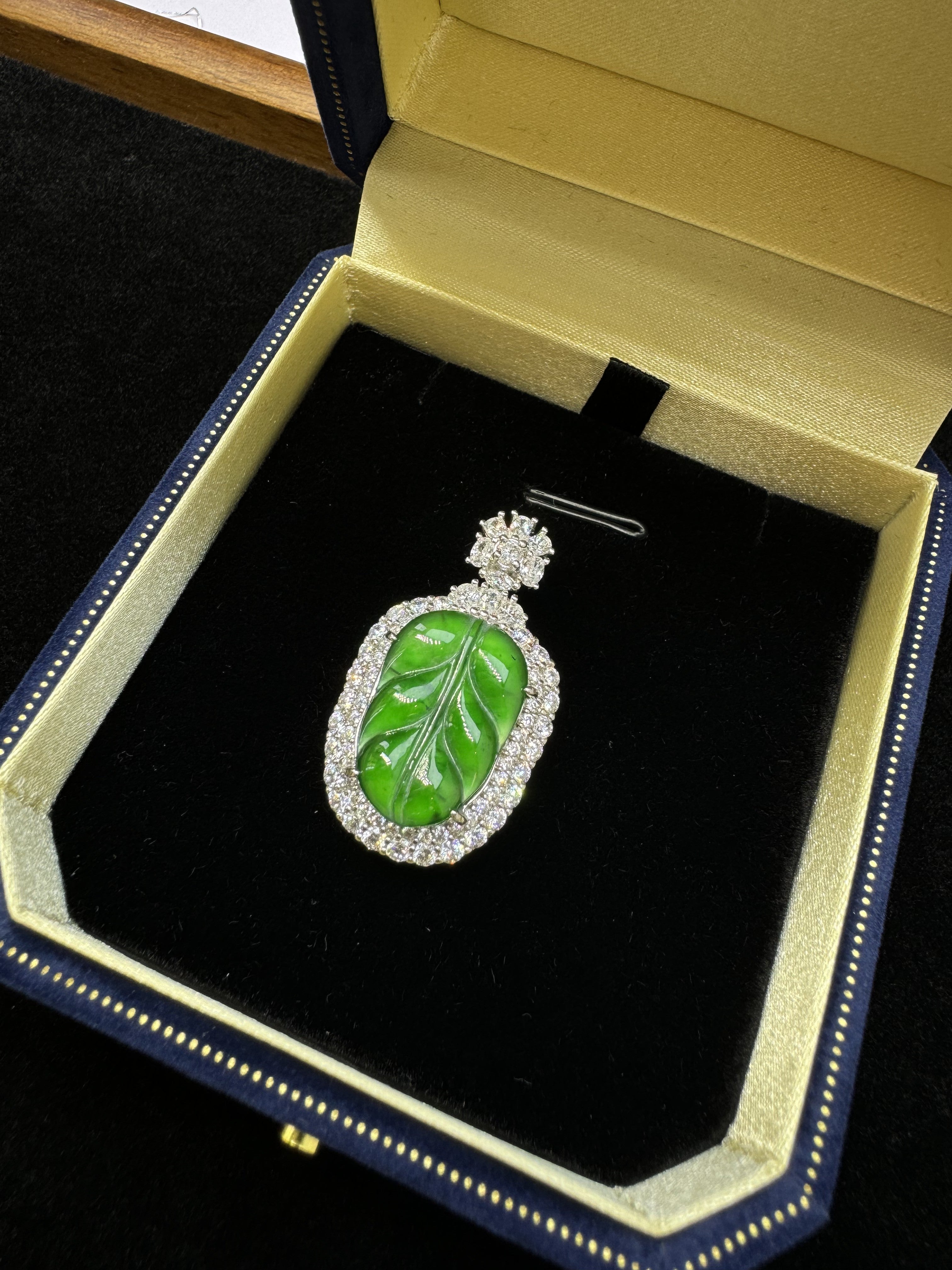 Diamond-Encrusted Green Leaf Pendant Necklac