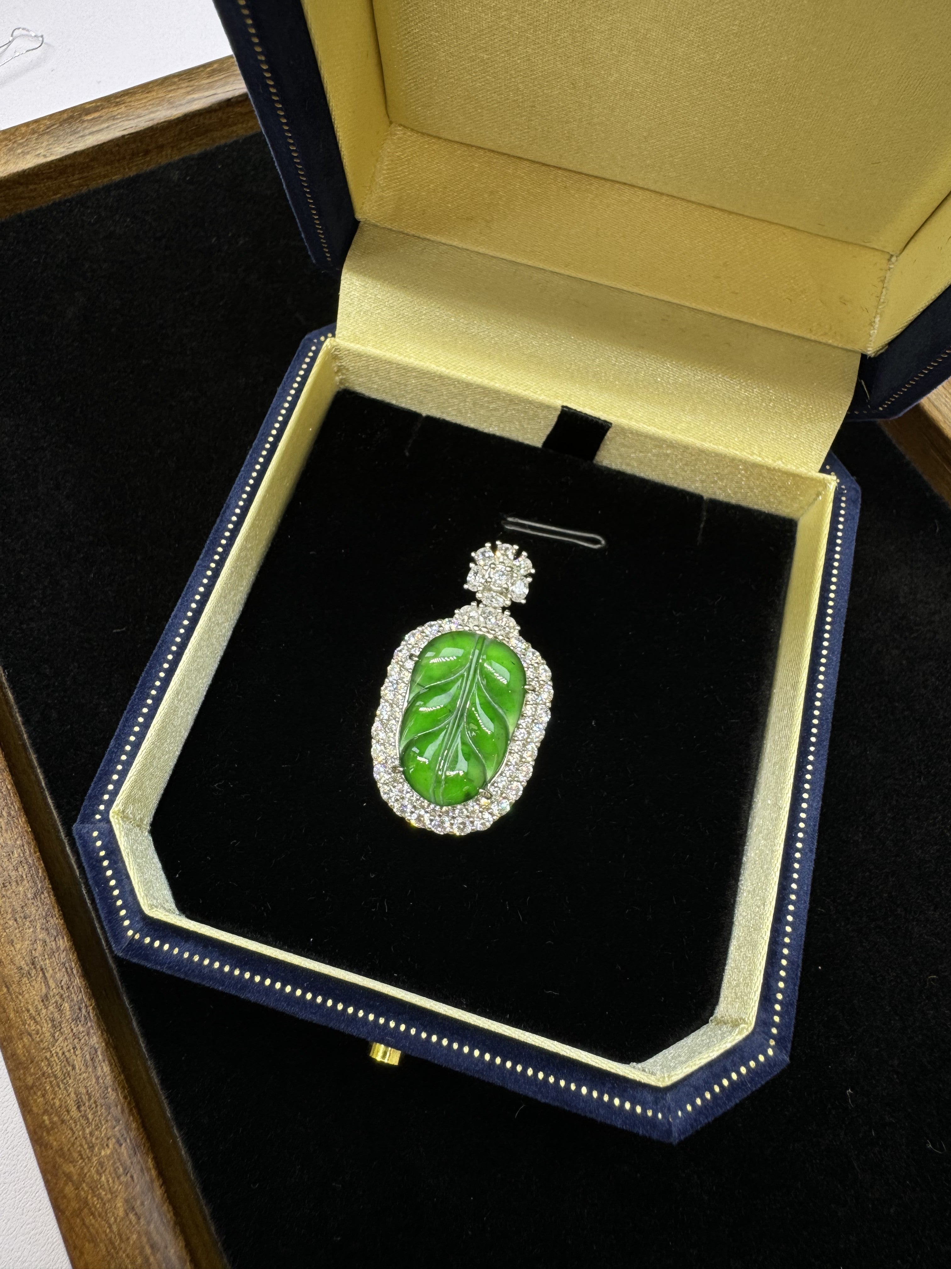 Diamond-Encrusted Green Leaf Pendant Necklac