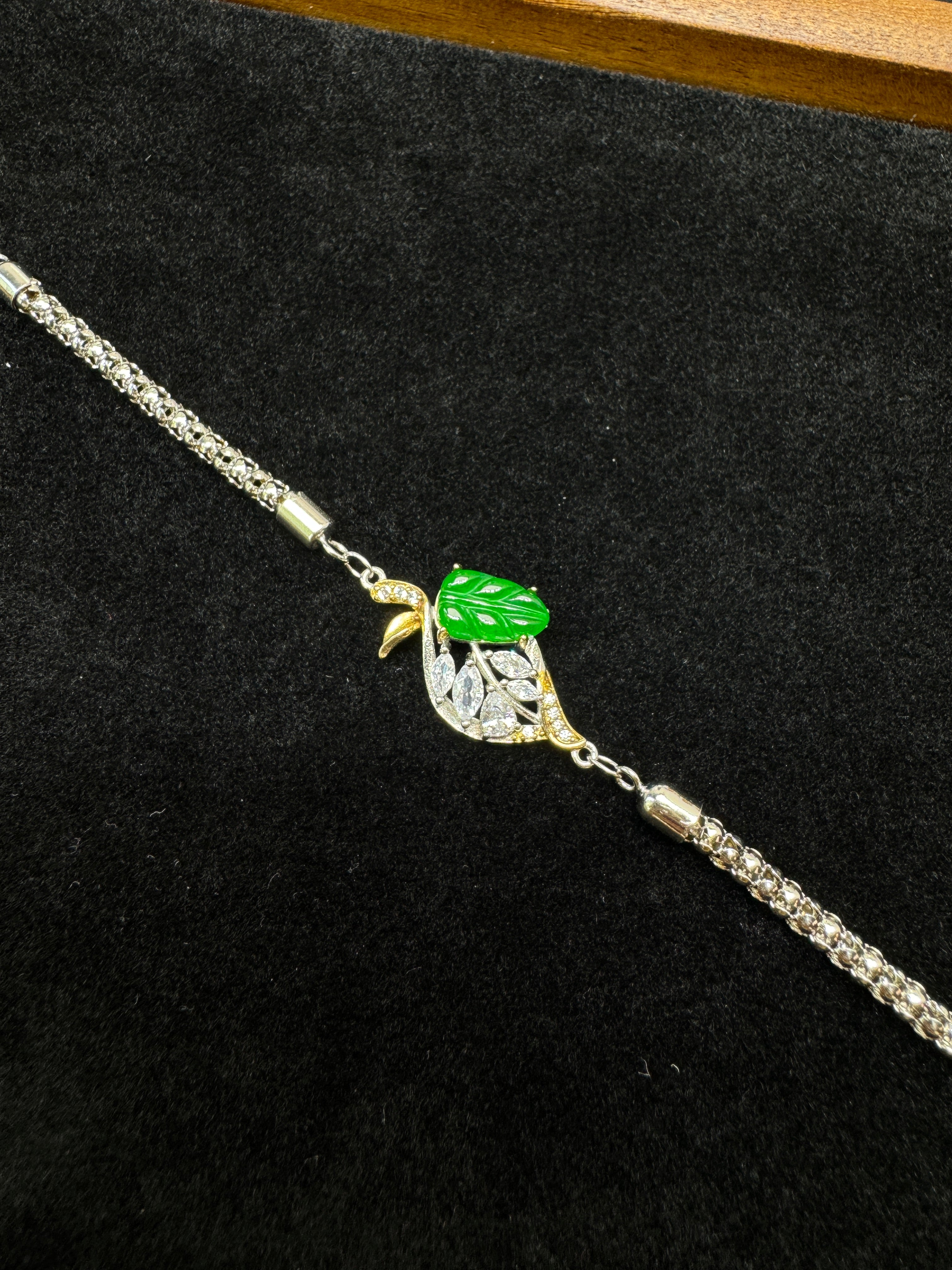 Diamond-Set Green Leaf Branch Bracelet