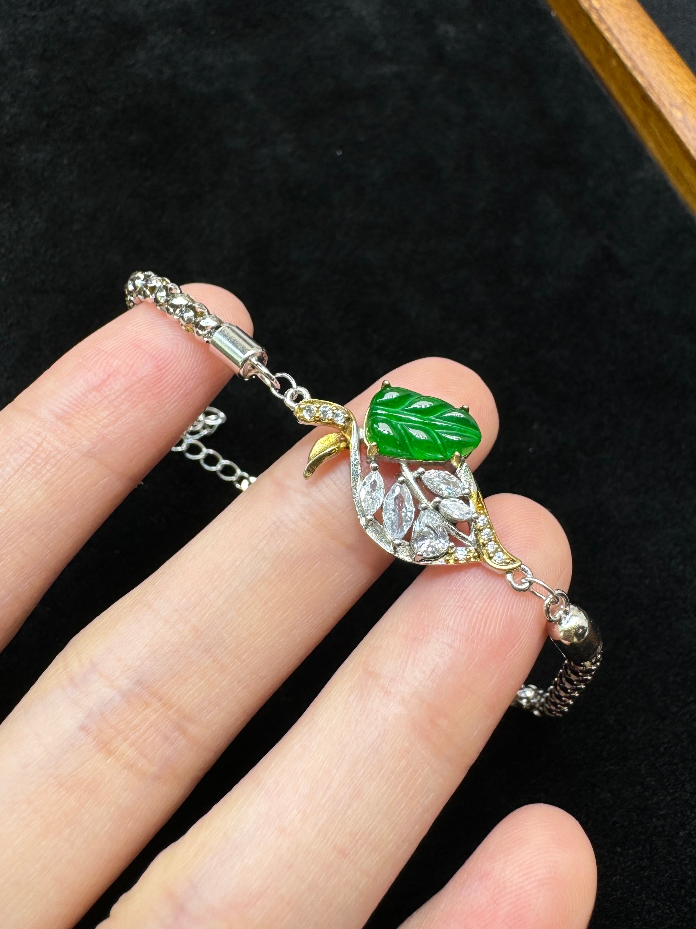 Diamond-Set Green Leaf Branch Bracelet