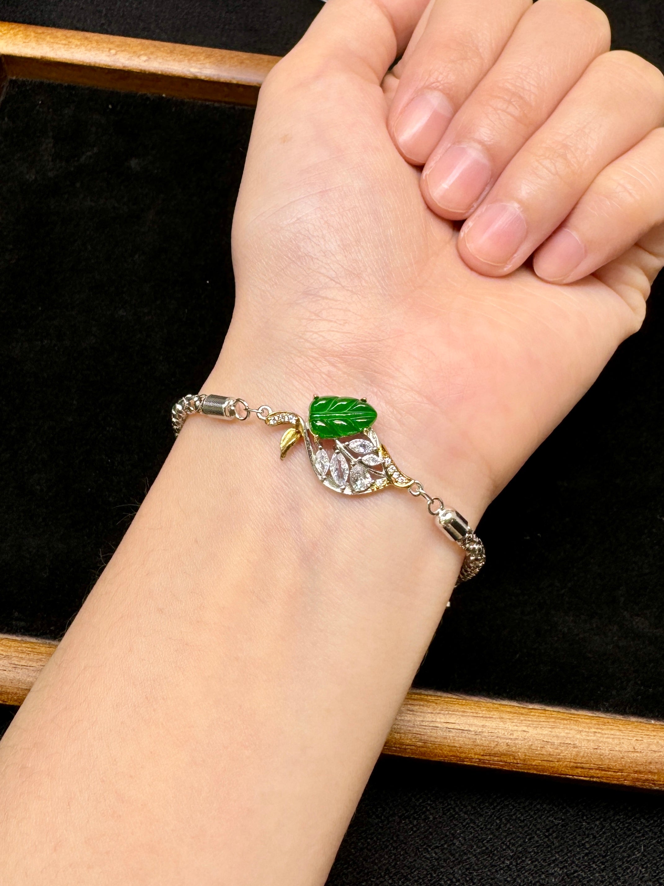 Diamond-Set Green Leaf Branch Bracelet