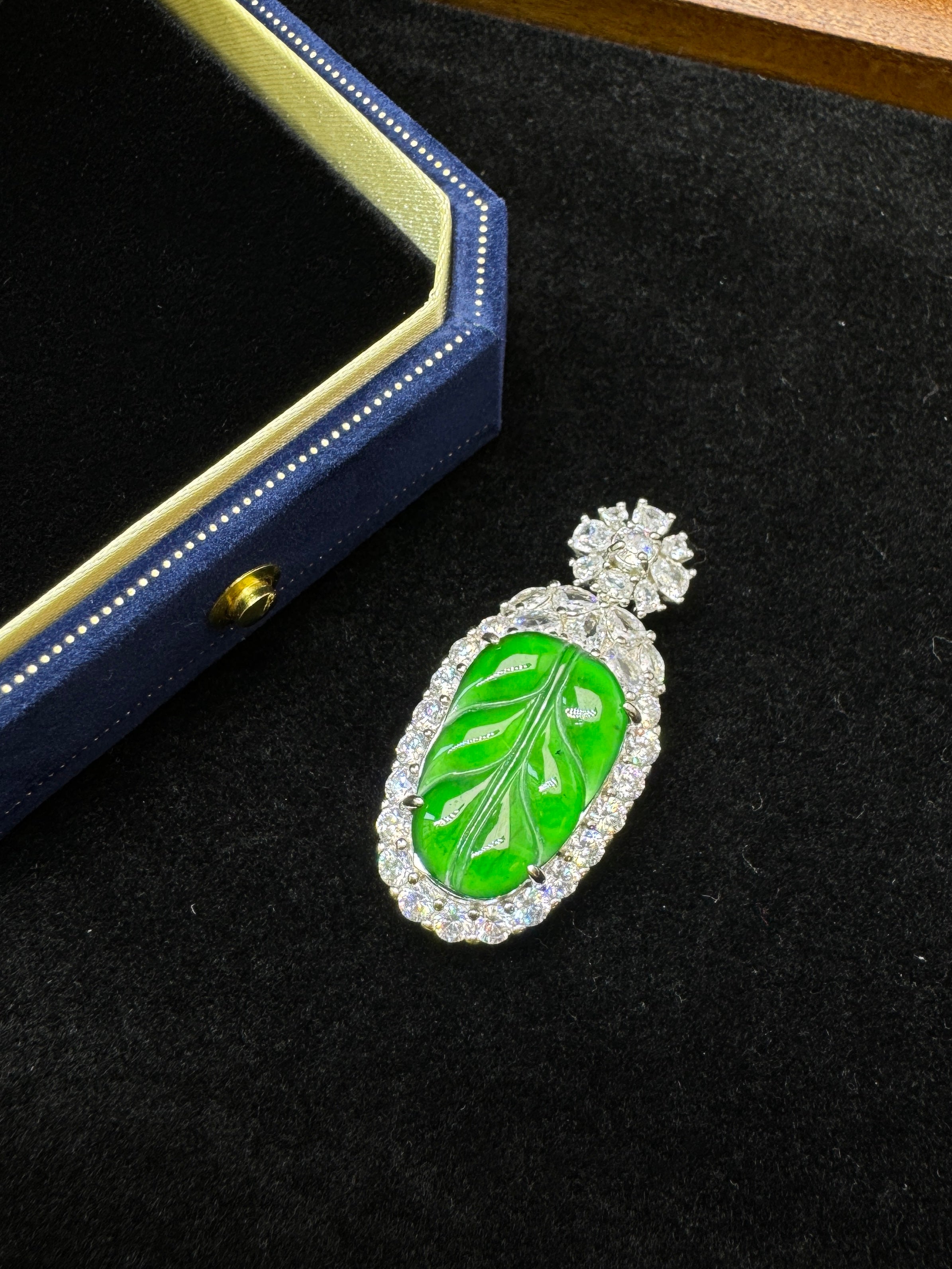 Diamond-Encrusted Green Leaf Pendant Necklac