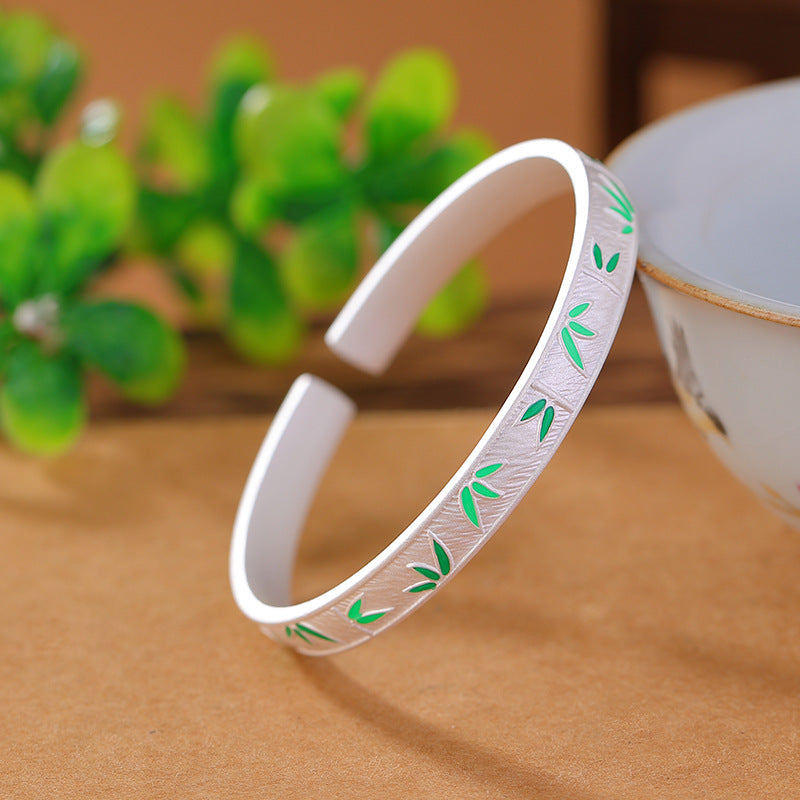 999.9 Pure Silver Ancient Silver Bamboo Leaf Enamel Bracelet