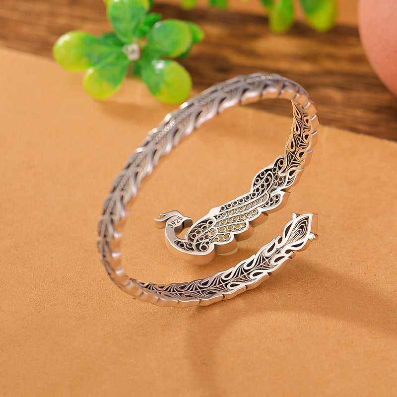 S925 silver and Hetian jade national tide blue phoenix nirvana carved retro hollow silver bracelet