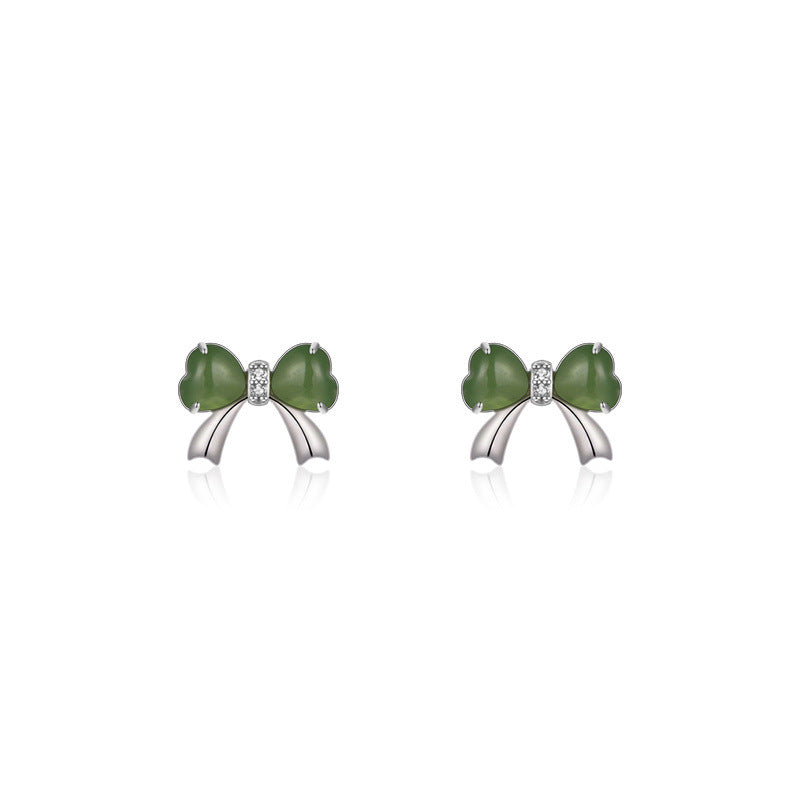 925 Gold-Plated Silver Inlaid Hetian Jade Bowknot Earrings