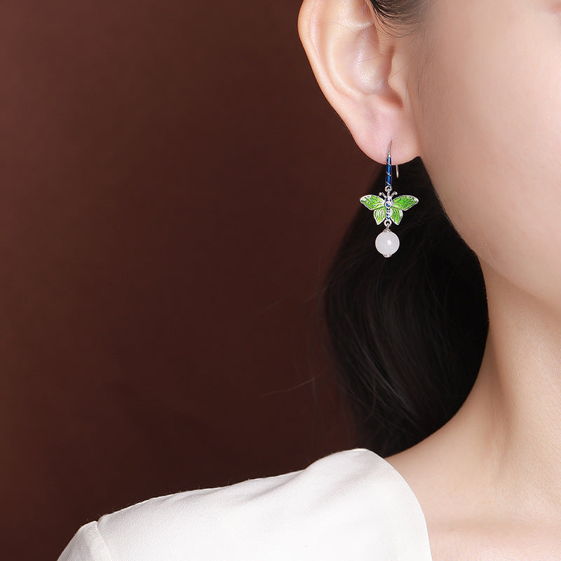 S925 sterling silver and nephrite jade butterfly round bead earrings