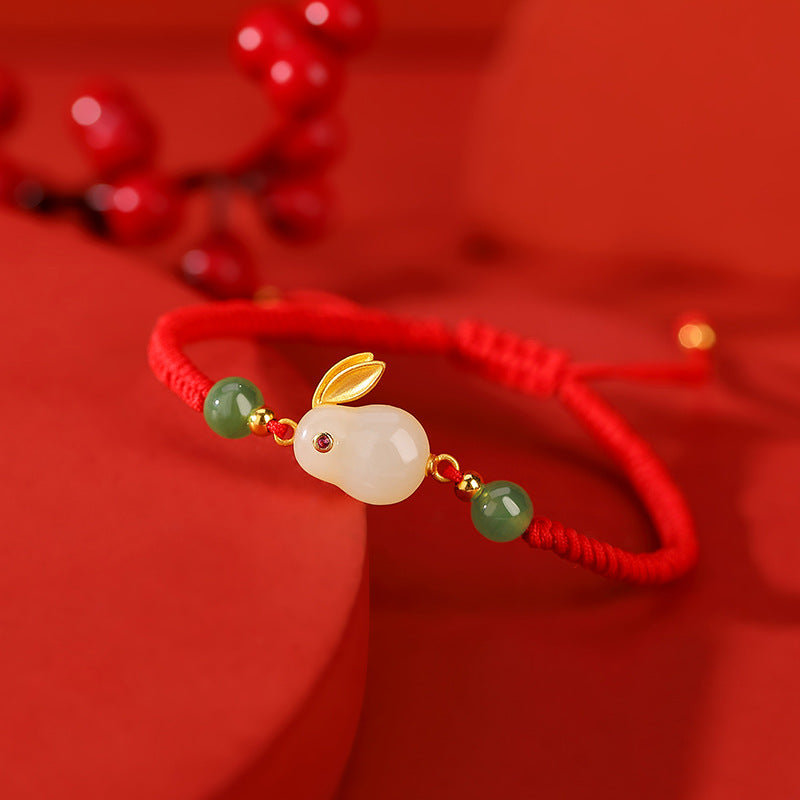 925 sterling silver Hetian jade rabbit round braided red rope