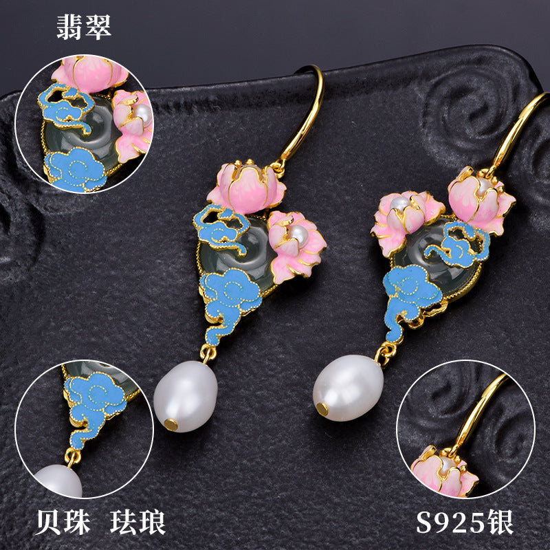 925 silver jadeite "Auspicious Cloud Peony" enamel earrings