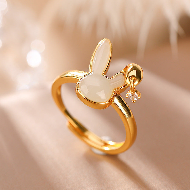 S925 sterling silver and Hetian jade lucky rabbit ring