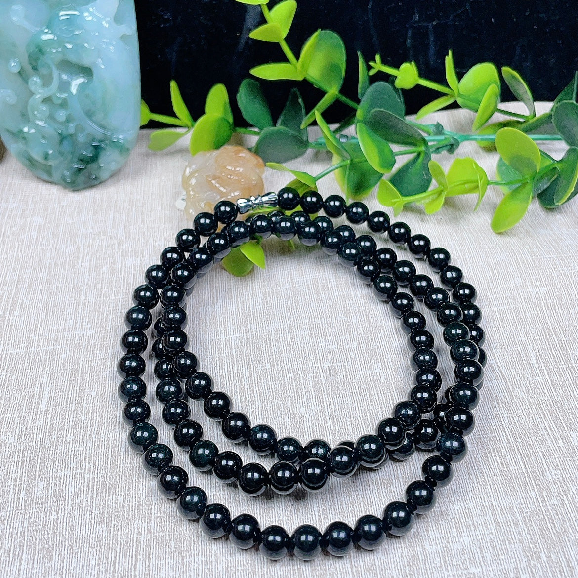 Myanmar natural jadeite 7MM black jadeite necklace