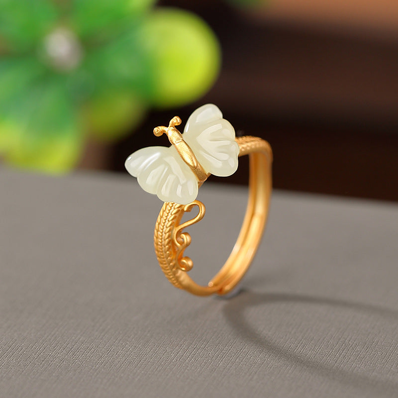 S925 sterling silver and Hetian jade butterfly ring