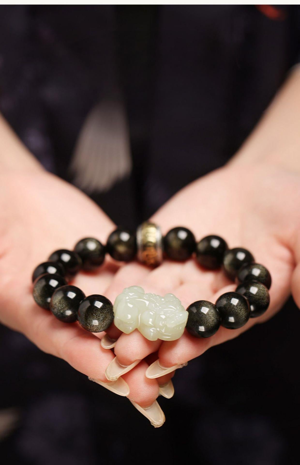 925silver Hetian Jade Obsidian Pixiu Six-Character Mantra Fortune-Teleporting Beads