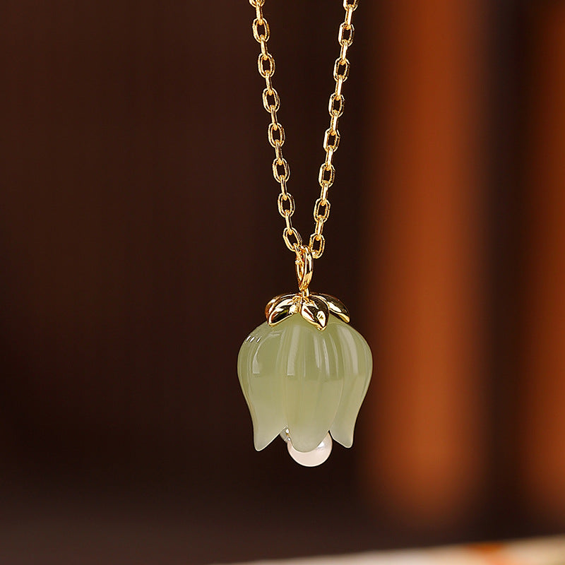 S925 sterling silver and Hetian jade tulip necklace