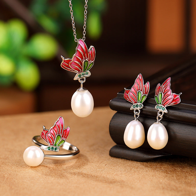 S925 sterling silver pearl butterfly three-piece set