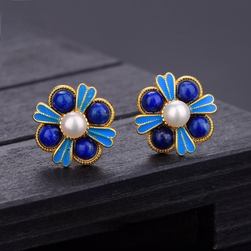 S925 Silver Lapis Lazuli "Lucky" Enamel Earrings