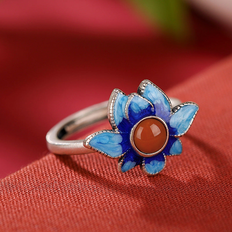 S925 sterling silver agate lotus ring