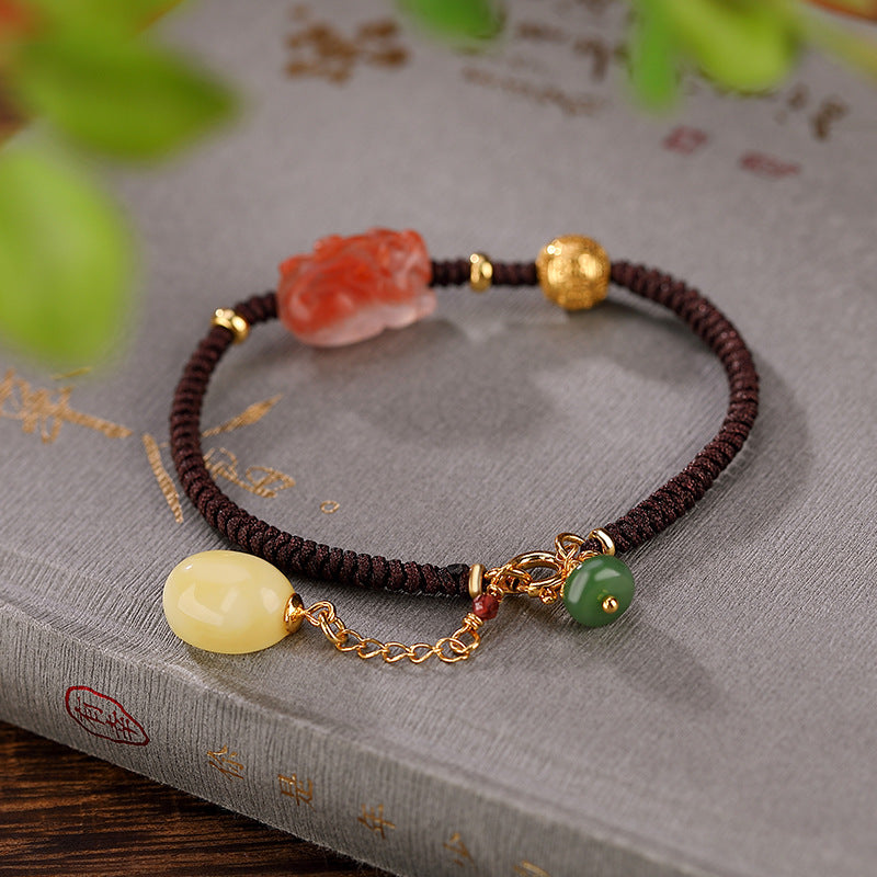 925 Sterling Silver Nanhong Amber Feng Shui Pi Xiu Handmade Braided Bracelet