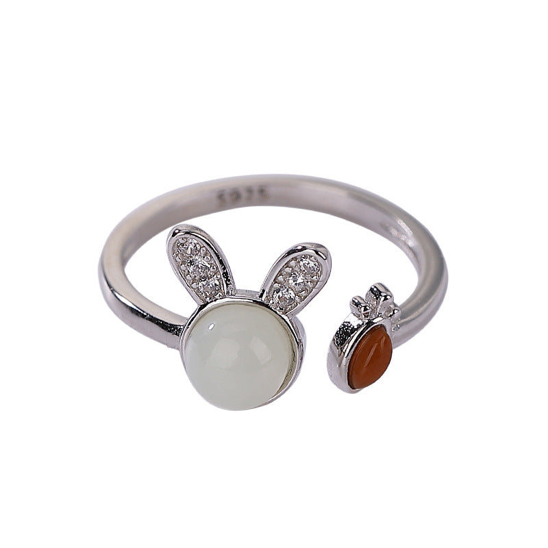 S925 sterling silver and Hetian jade rabbit ring