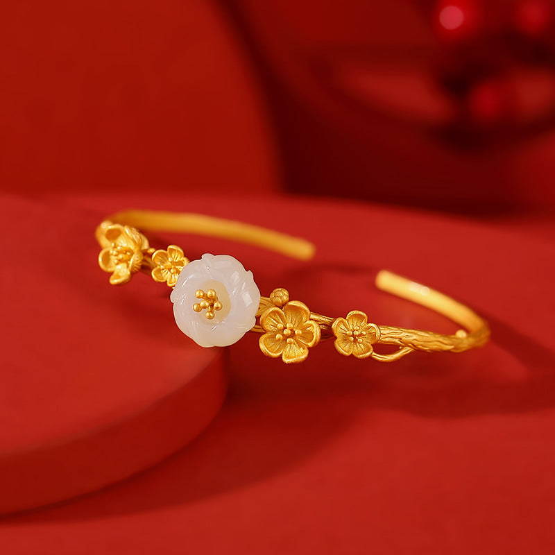 S925 sterling silver Hetian jade plum blossom three-piece set