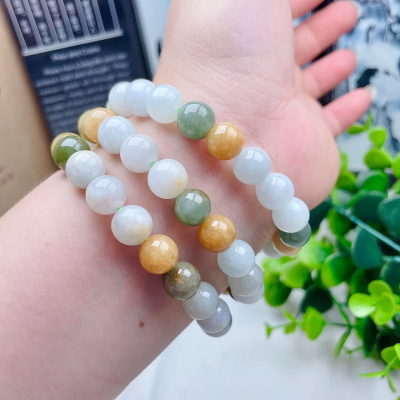 Myanmar natural white yellow green jadeite 10mm bracelet