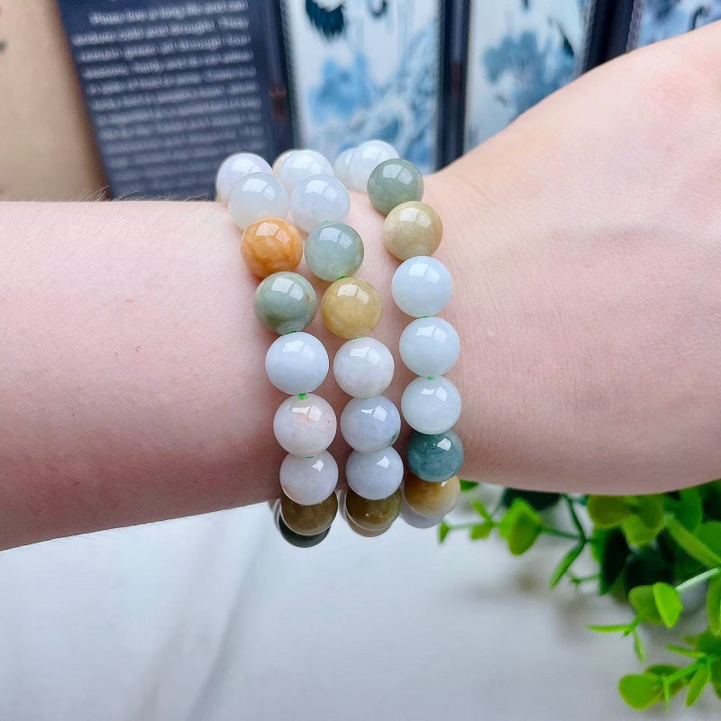 Myanmar natural white yellow green jadeite 10mm bracelet